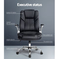 Black PU flip-arm executive chair features diagram with callouts: PU leather, flip-up armrests, padded seat, chrome base