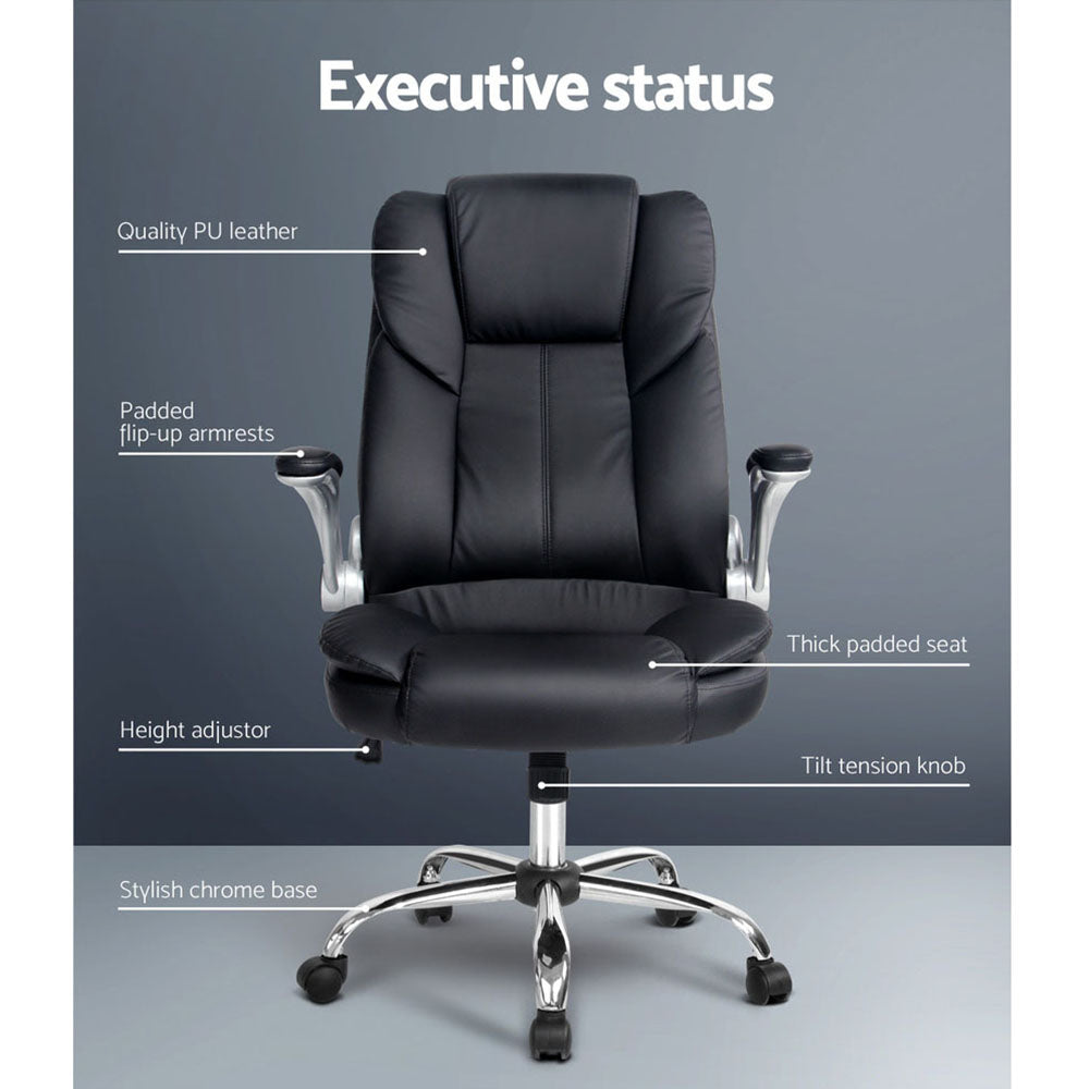 Black PU flip-arm executive chair features diagram with callouts: PU leather, flip-up armrests, padded seat, chrome base