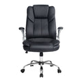 Black PU high-back executive chair with silver flip-up armrests and chrome five-star base, front view on white background