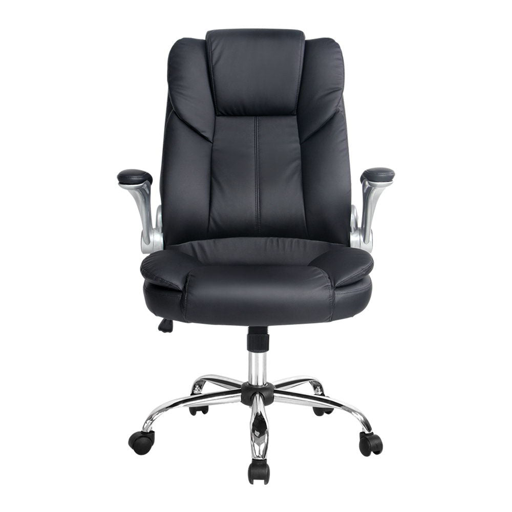 Black PU high-back executive chair with silver flip-up armrests and chrome five-star base, front view on white background