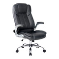 Black PU high-back executive chair silver flip-up armrests chrome five-star base, three-quarter view on white background