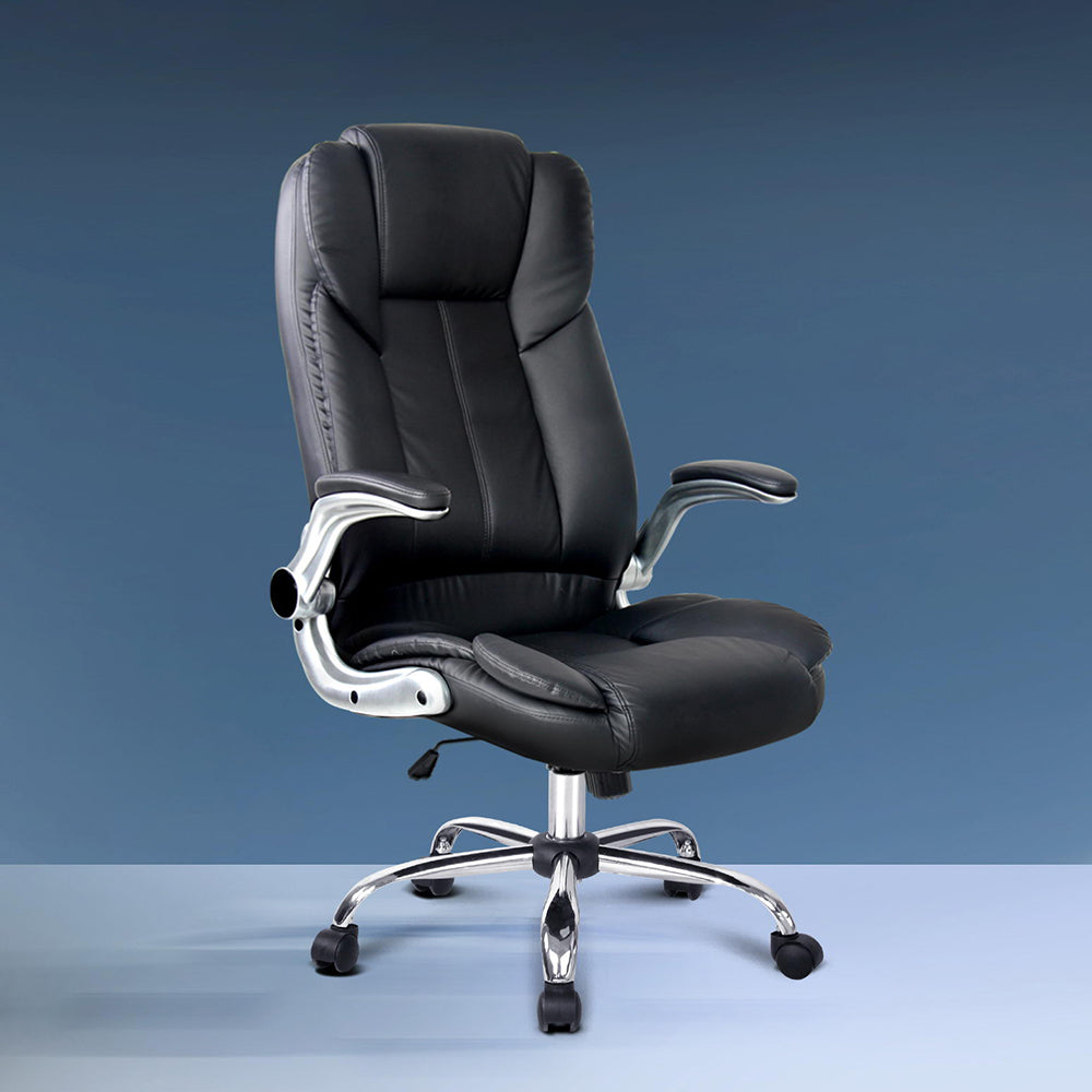 Black PU executive chair with silver 90-degree flip-up armrests and chrome five-star base on blue gradient background