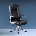 Black PU executive chair with silver 90-degree flip-up armrests and chrome five-star base on blue gradient background