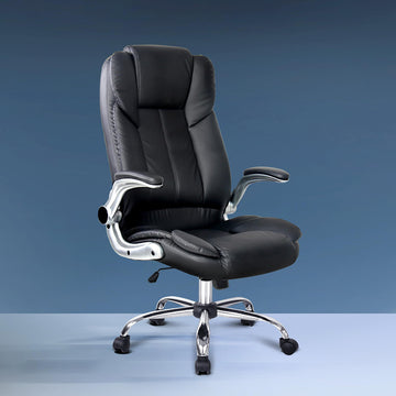 Black PU executive chair with silver 90-degree flip-up armrests and chrome five-star base on blue gradient background