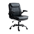Black PU executive chair two-panel showing 10cm padded seat cross-section and black metal five-star base with castor wheels