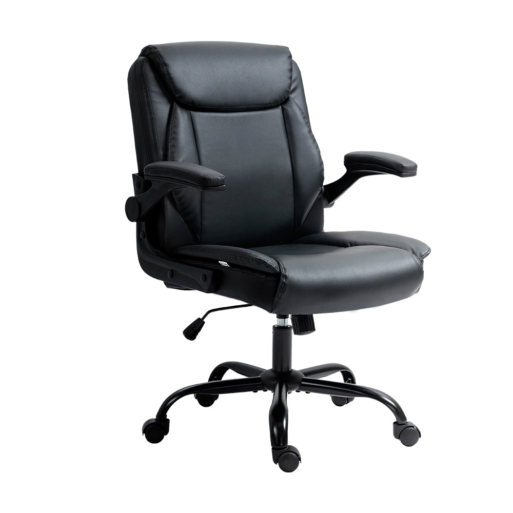Black PU executive chair two-panel showing 10cm padded seat cross-section and black metal five-star base with castor wheels