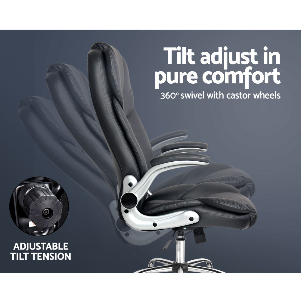 Black PU flip-arm executive chair side view on dark grey background showing tilt adjustment range and 360-degree swivel