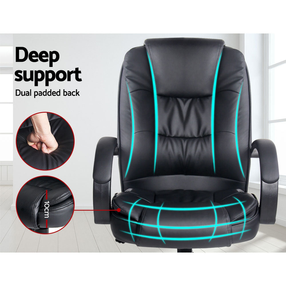Black PU executive chair front with teal lines marking dual padded back and seat zones, with 10cm seat depth inset