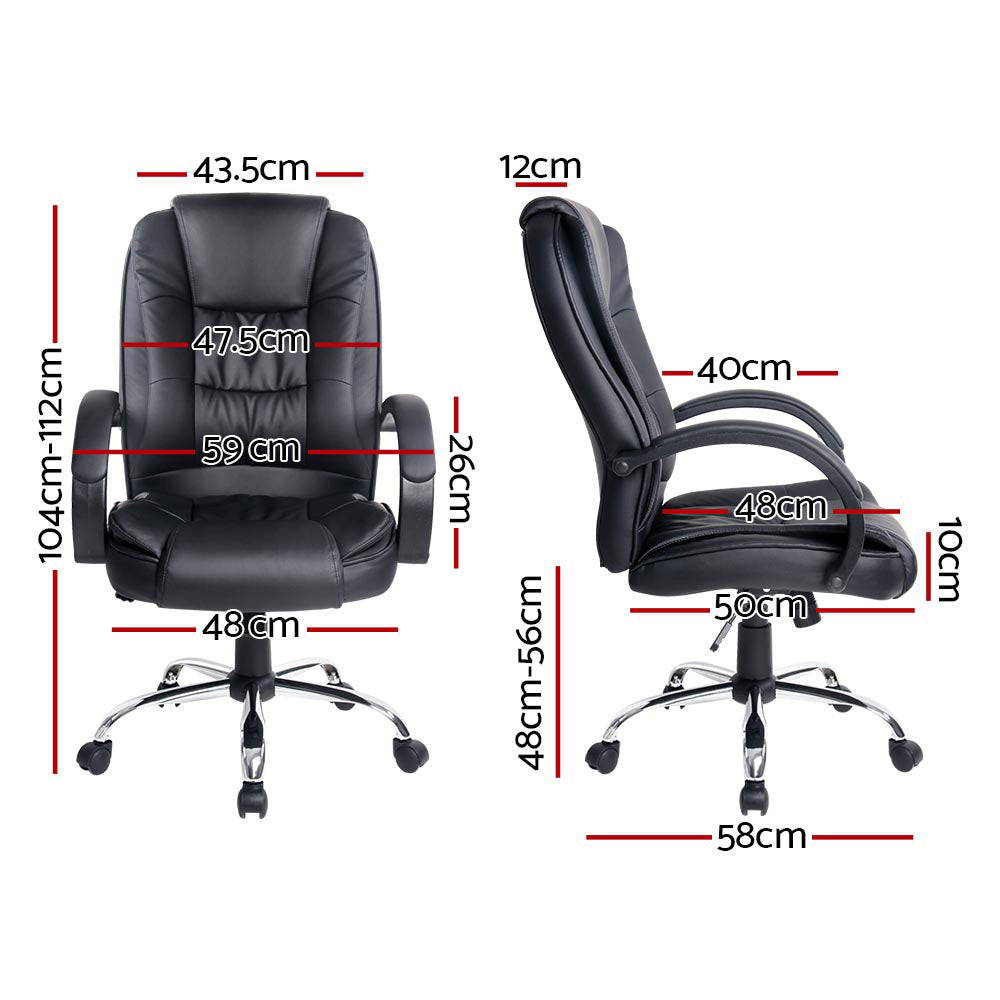 Black PU high-back chair dimensions showing 43.5cm width 104-112cm height 48-56cm seat height and 10cm seat depth