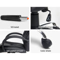 Four-panel detail of SGS-tested gas cylinder, height adjustment lever, black curved padded armrest, and castor wheel