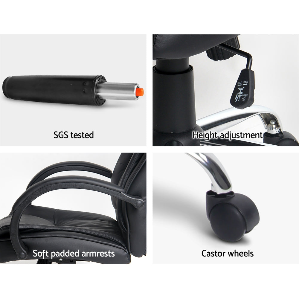 Four-panel detail of SGS-tested gas cylinder, height adjustment lever, black curved padded armrest, and castor wheel