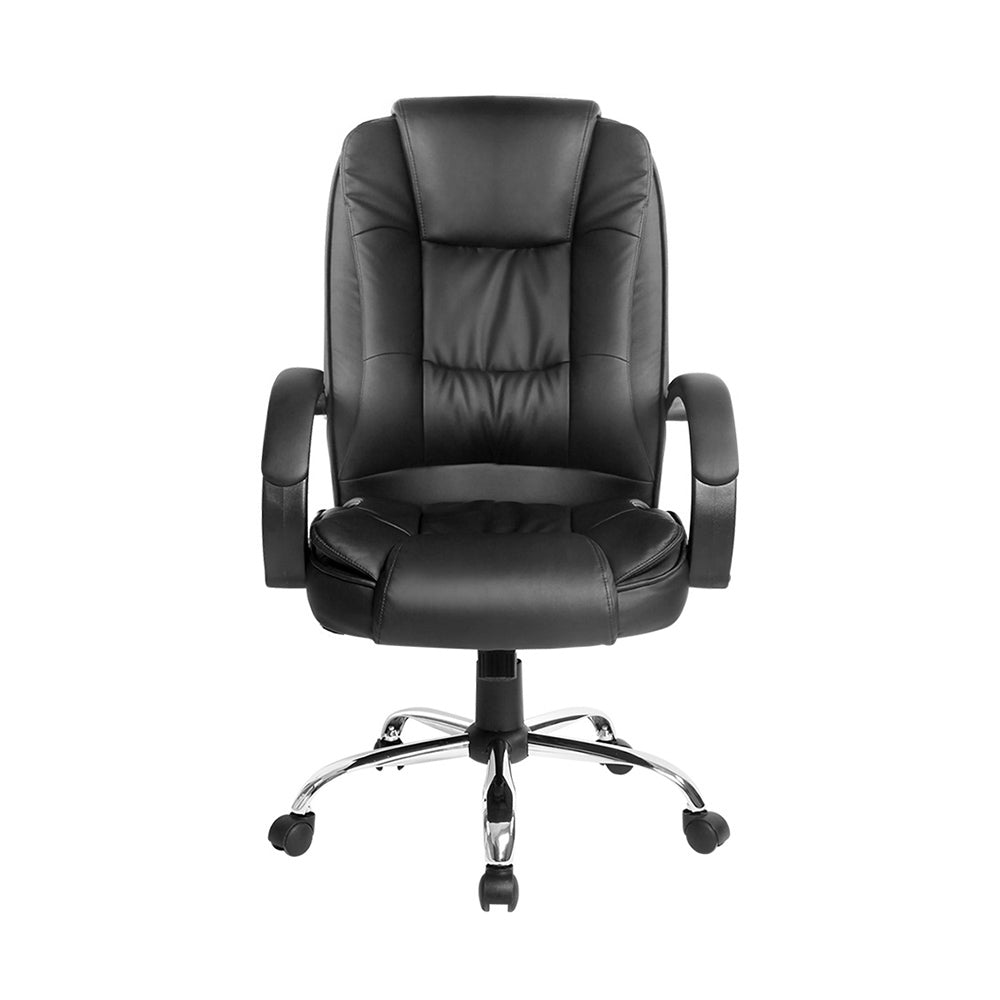 Black PU high-back executive chair with curved fixed armrests and chrome five-star base on white background