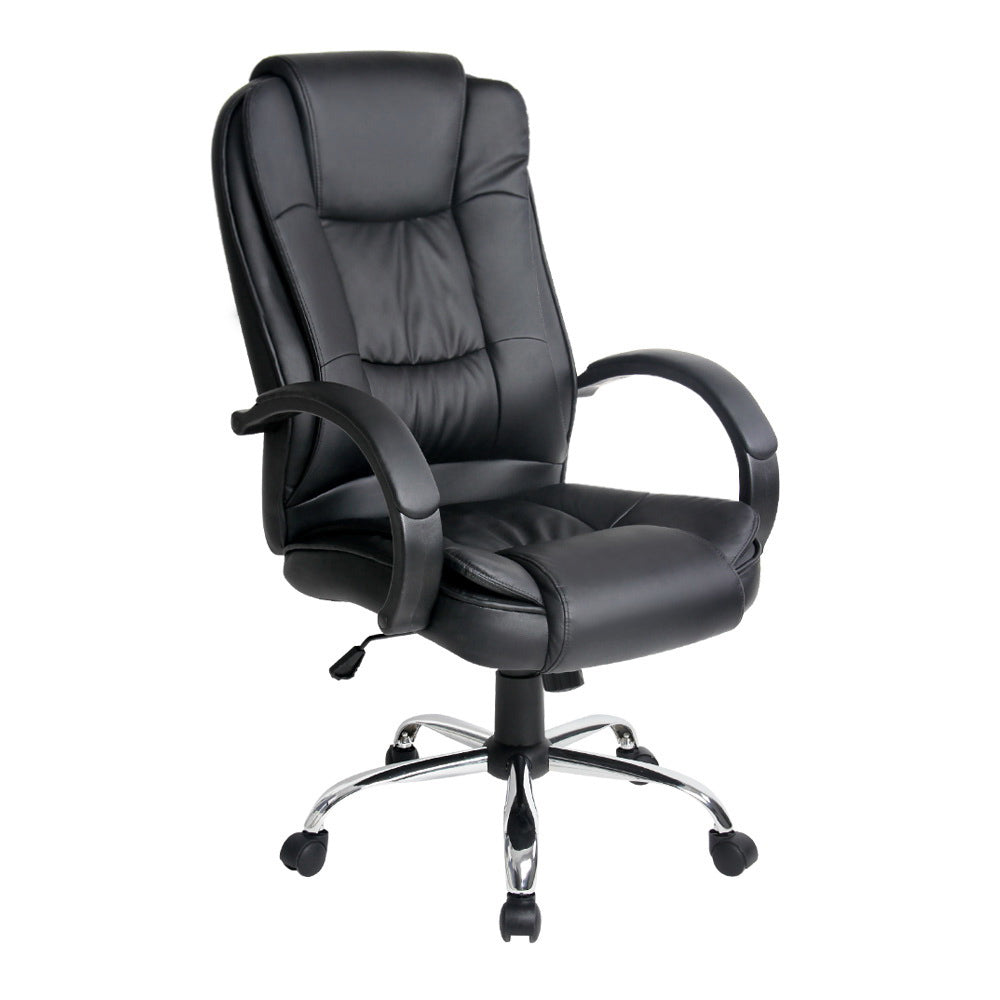 Black PU high-back executive chair with curved armrests and chrome base, three-quarter angle white background