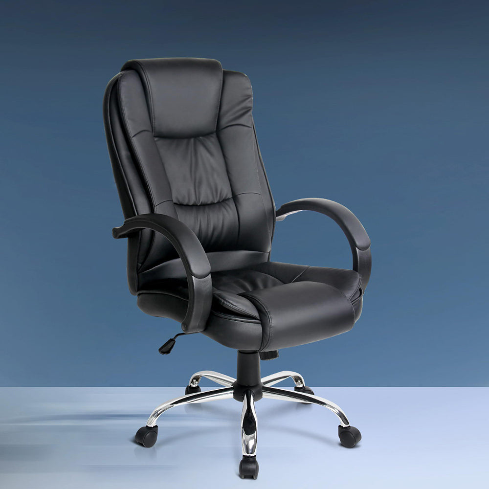 Black PU high-back executive chair with curved fixed armrests and chrome base on blue gradient background