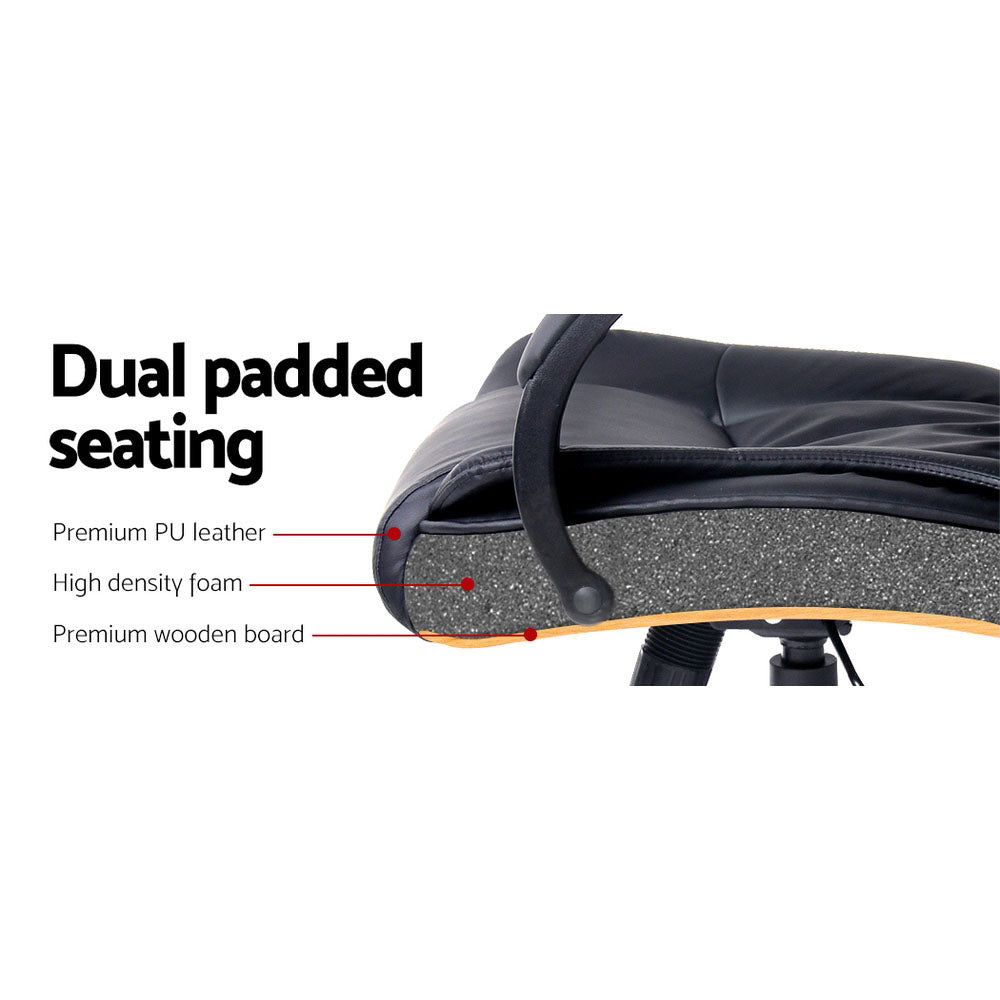 Black PU high-back chair seat cross-section showing 10cm PU leather upholstery, high-density foam and solid wooden board