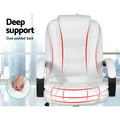 White PU executive chair front with red lines marking dual padded back and seat zones, foam compression inset, city window