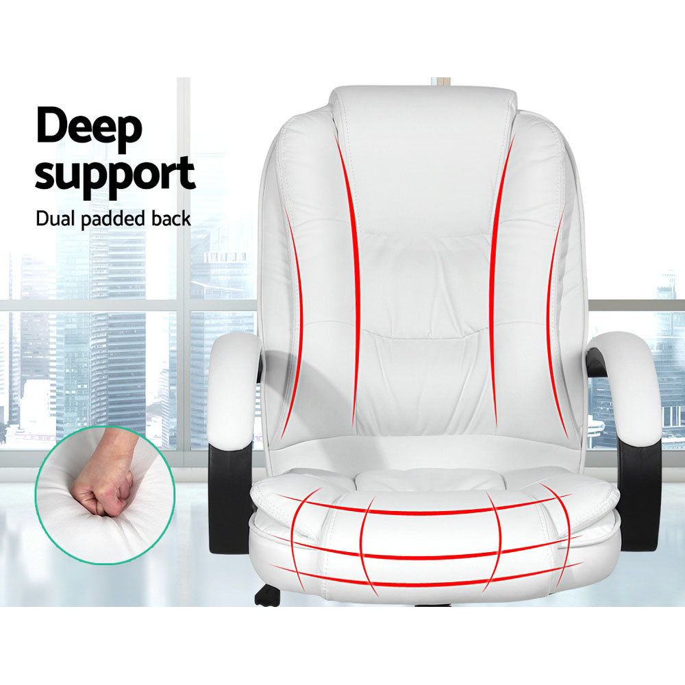 White PU executive chair front with red lines marking dual padded back and seat zones, foam compression inset, city window