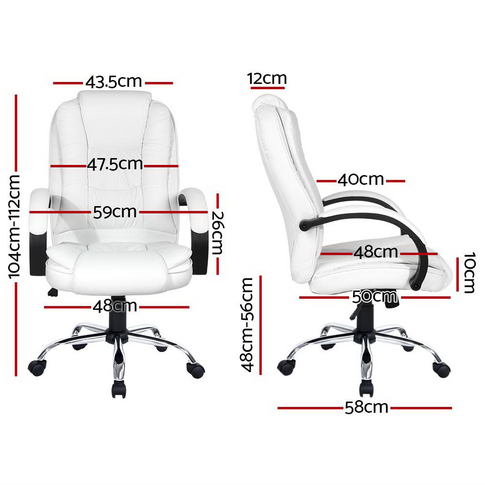 White PU high-back chair dimensions 43.5cm width 104-112cm height 50-56cm seat height 58cm base width 10cm depth