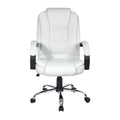 White PU high-back executive chair with curved fixed black armrests and chrome five-star base on white background