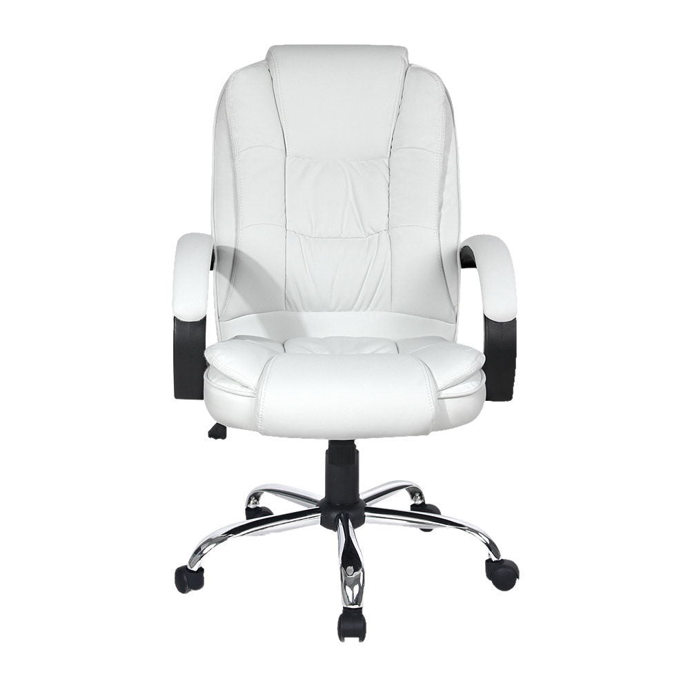White PU high-back executive chair with curved fixed black armrests and chrome five-star base on white background