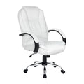 White PU high-back executive chair with curved fixed black armrests and chrome base, three-quarter view on white background