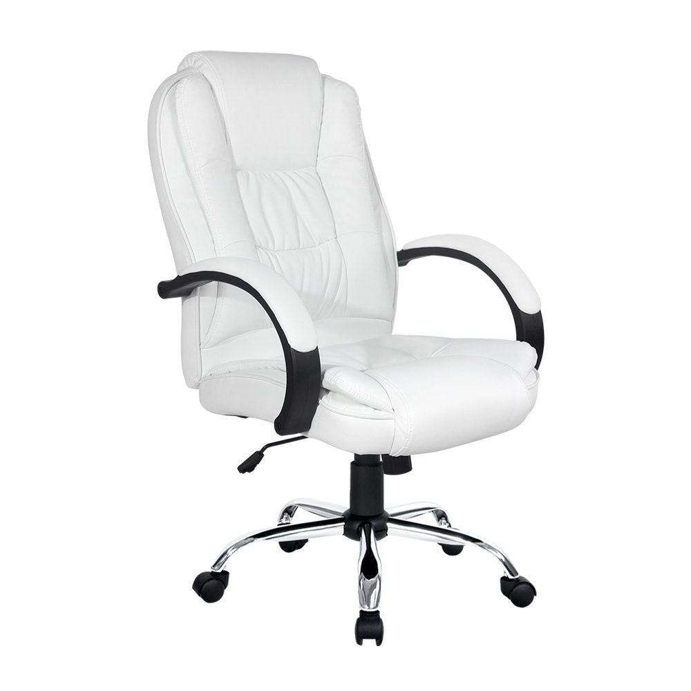 White PU high-back executive chair with curved fixed black armrests and chrome base, three-quarter view on white background