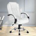 White PU high-back executive chair in grey panelled room with herringbone timber floor and wire basket with papers