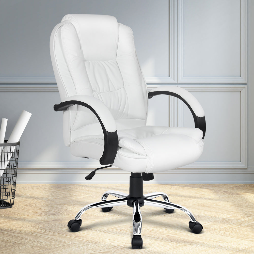 White PU high-back executive chair in grey panelled room with herringbone timber floor and wire basket with papers