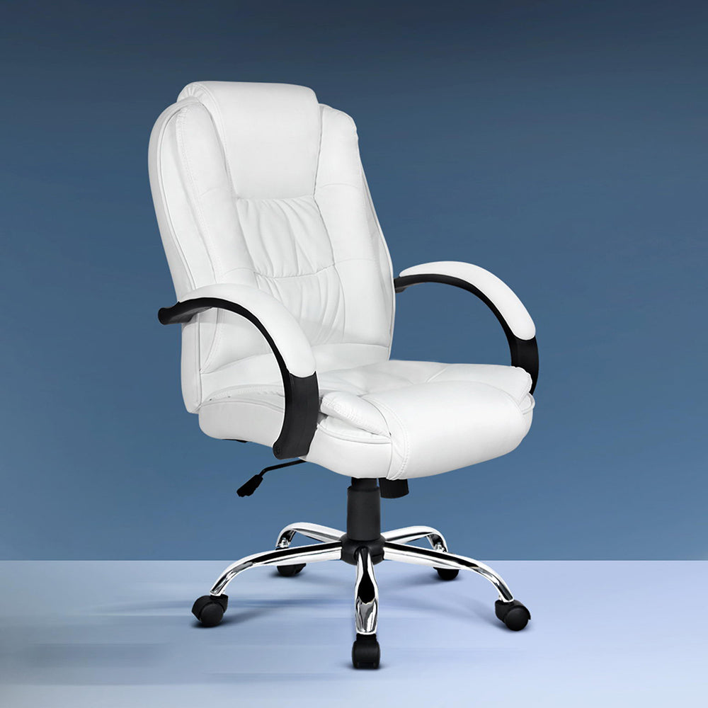 White PU high-back executive chair with curved fixed black armrests and chrome base on blue gradient background