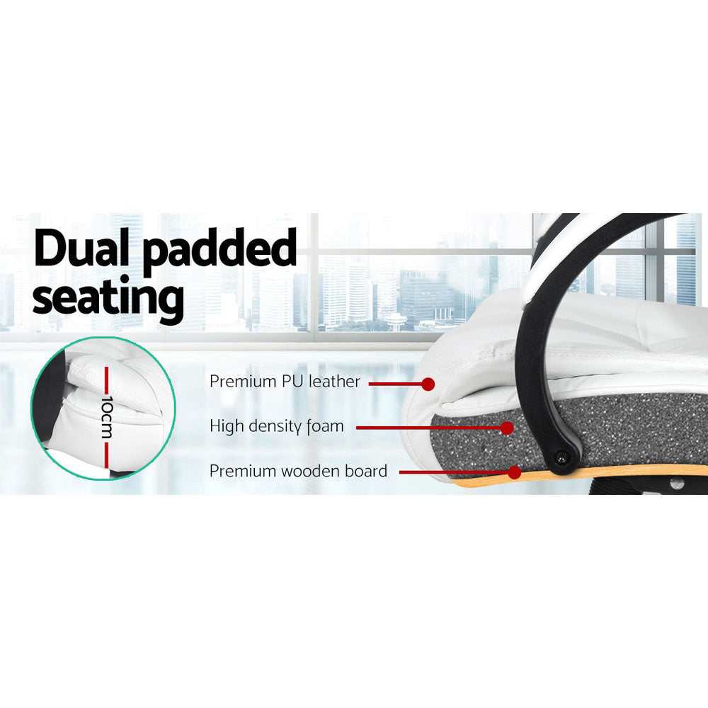 White PU high-back chair seat cross-section on city skyline showing 10cm PU leather, foam and wooden board layers