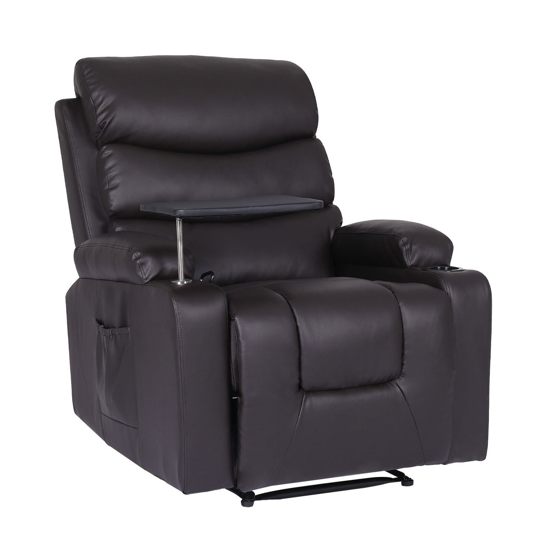 Dark brown PU leather recliner chair with swivel tray table, cup holder, side pocket and metal base, angle view