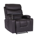 Dark brown PU leather recliner chair with swivel tray table, cup holder, side pocket and metal base, angle view
