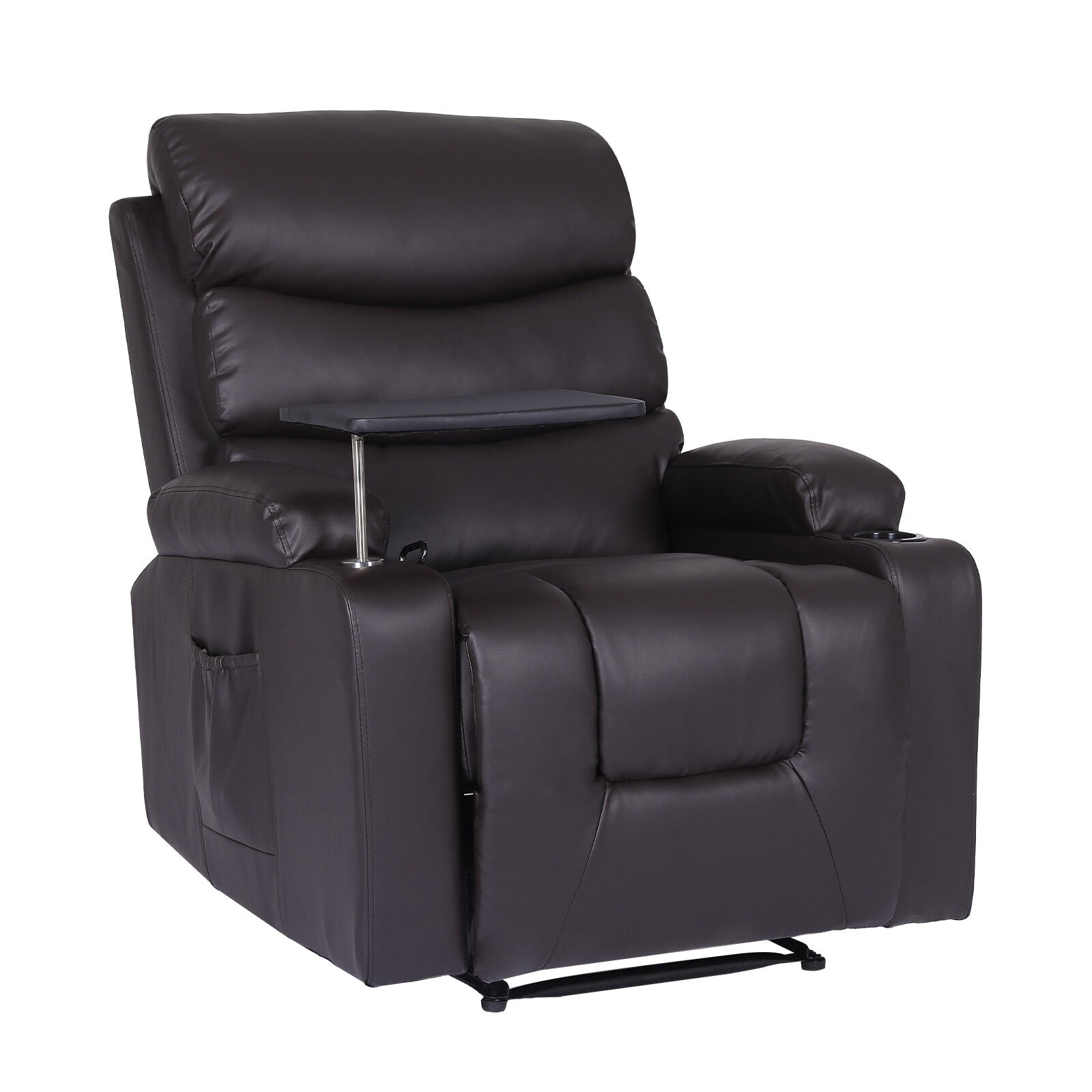 Dark brown PU leather recliner chair with swivel tray table, cup holder, side pocket and metal base, angle view