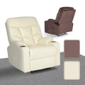Cream tufted PU leather recliner front angle with brown fabric variant inset, two colour swatches: brown (selected) and cream