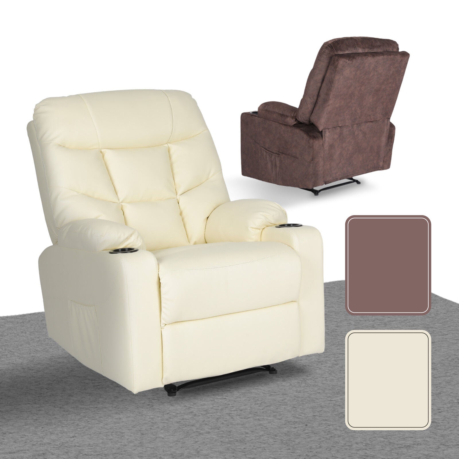 Cream tufted PU leather recliner front angle with brown fabric variant inset, two colour swatches: brown (selected) and cream