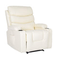 Cream PU leather recliner with rolled backrest, two cup holders and side pocket, three-quarter angle on white background