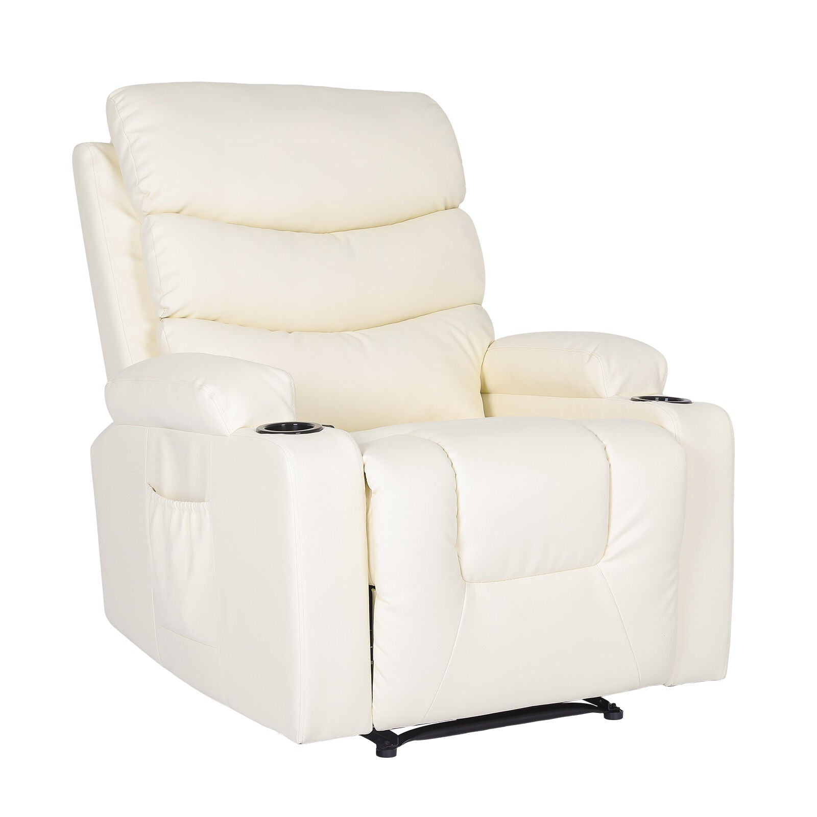 Cream PU leather recliner with rolled backrest, two cup holders and side pocket, three-quarter angle on white background