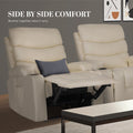 Two cream PU leather recliners side by side: one reclined with blue cushion, one upright, in living room