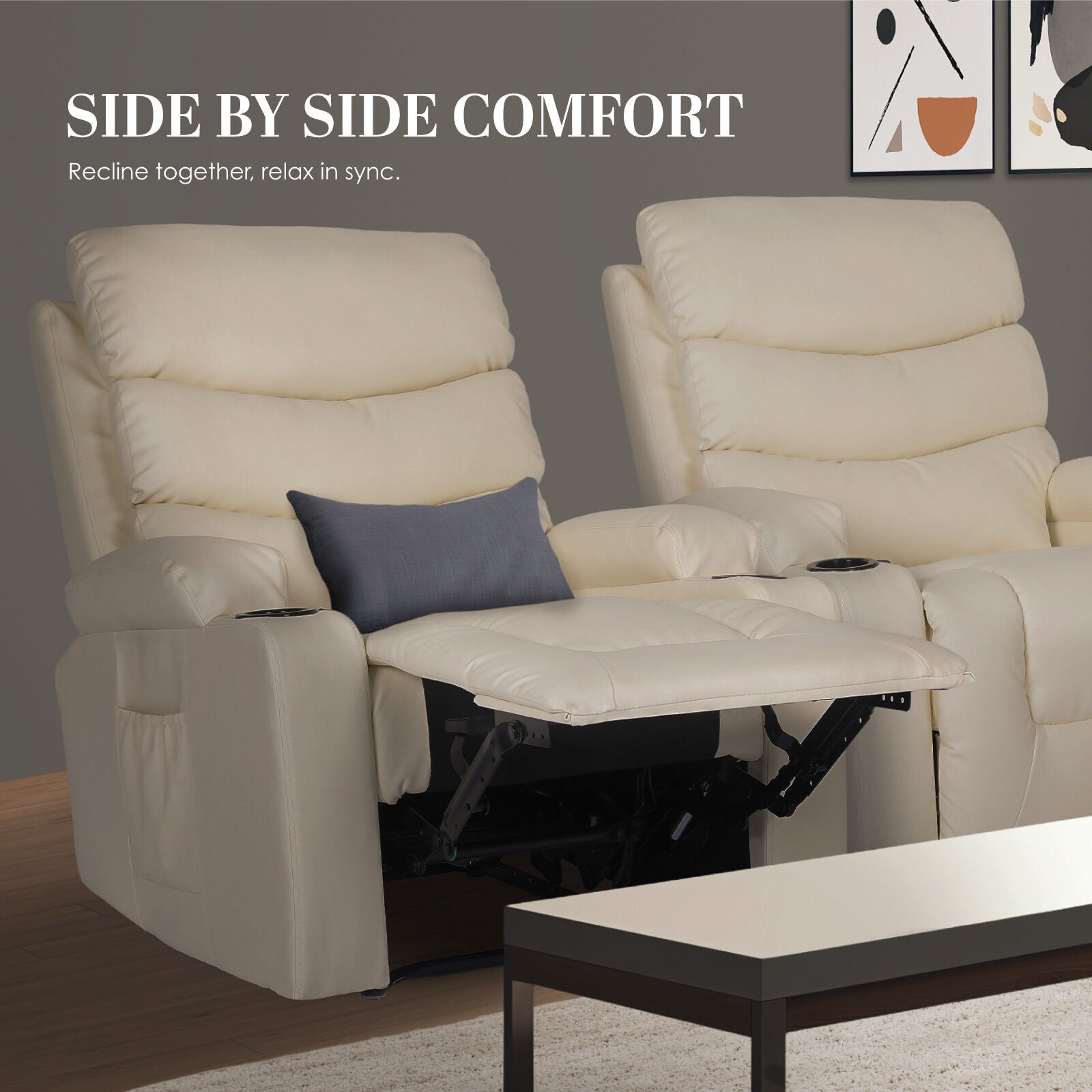 Two cream PU leather recliners side by side: one reclined with blue cushion, one upright, in living room