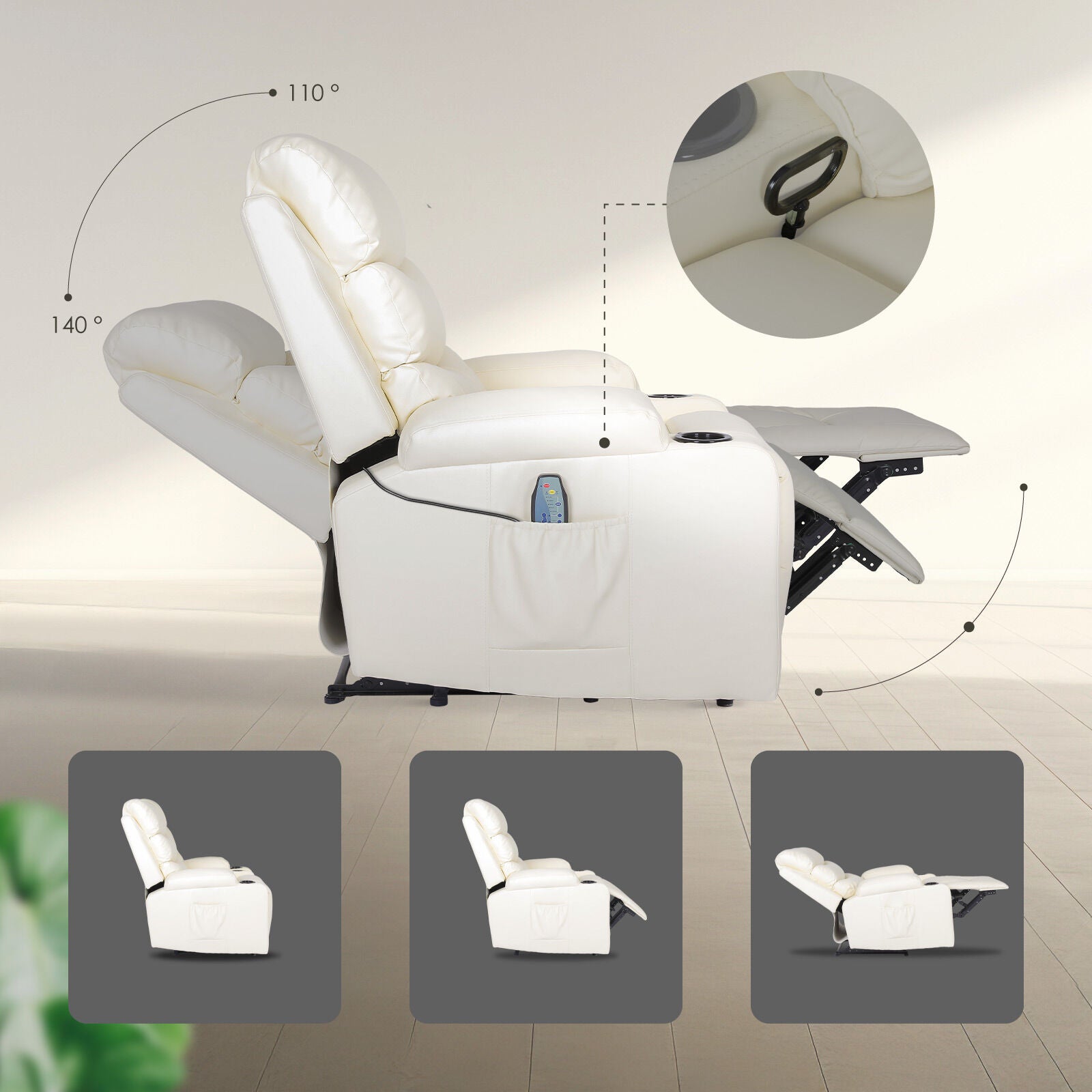 Cream PU recliner side view with 110° and 140° recline angles, remote in side pocket, three position insets below