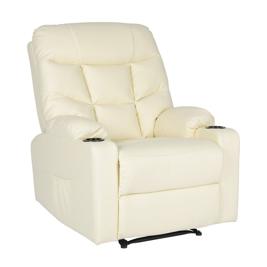Cream PU leather recliner with tufted backrest, two cup holders and side pocket, angle view on white background