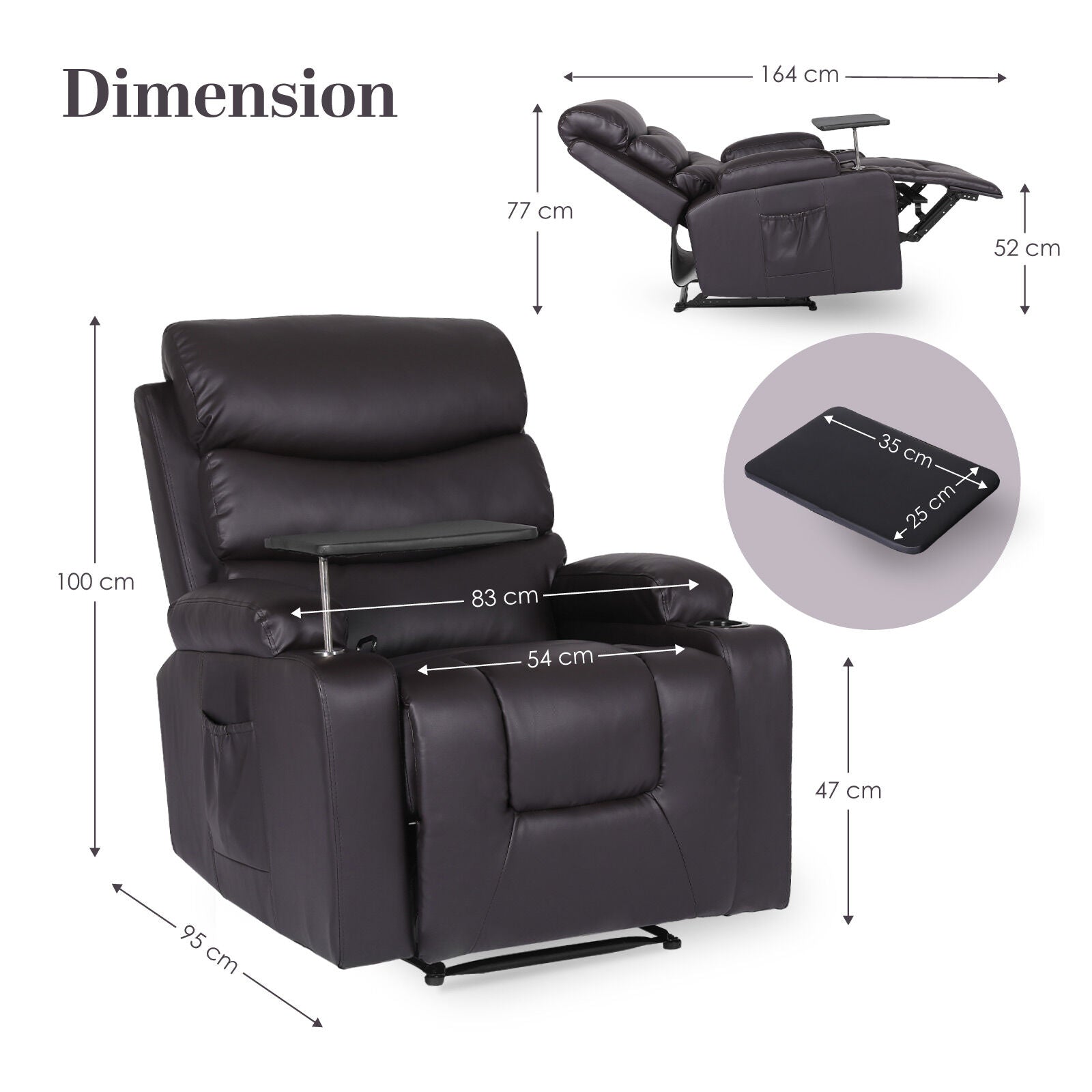 Dark brown PU recliner dimensions: 83cm wide, 95cm deep, 100cm tall, 47cm seat height; reclined 164cm long, 77cm tall