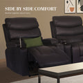 Two dark brown PU leather recliners side by side: one reclined with swivel tray and green cushion, one upright