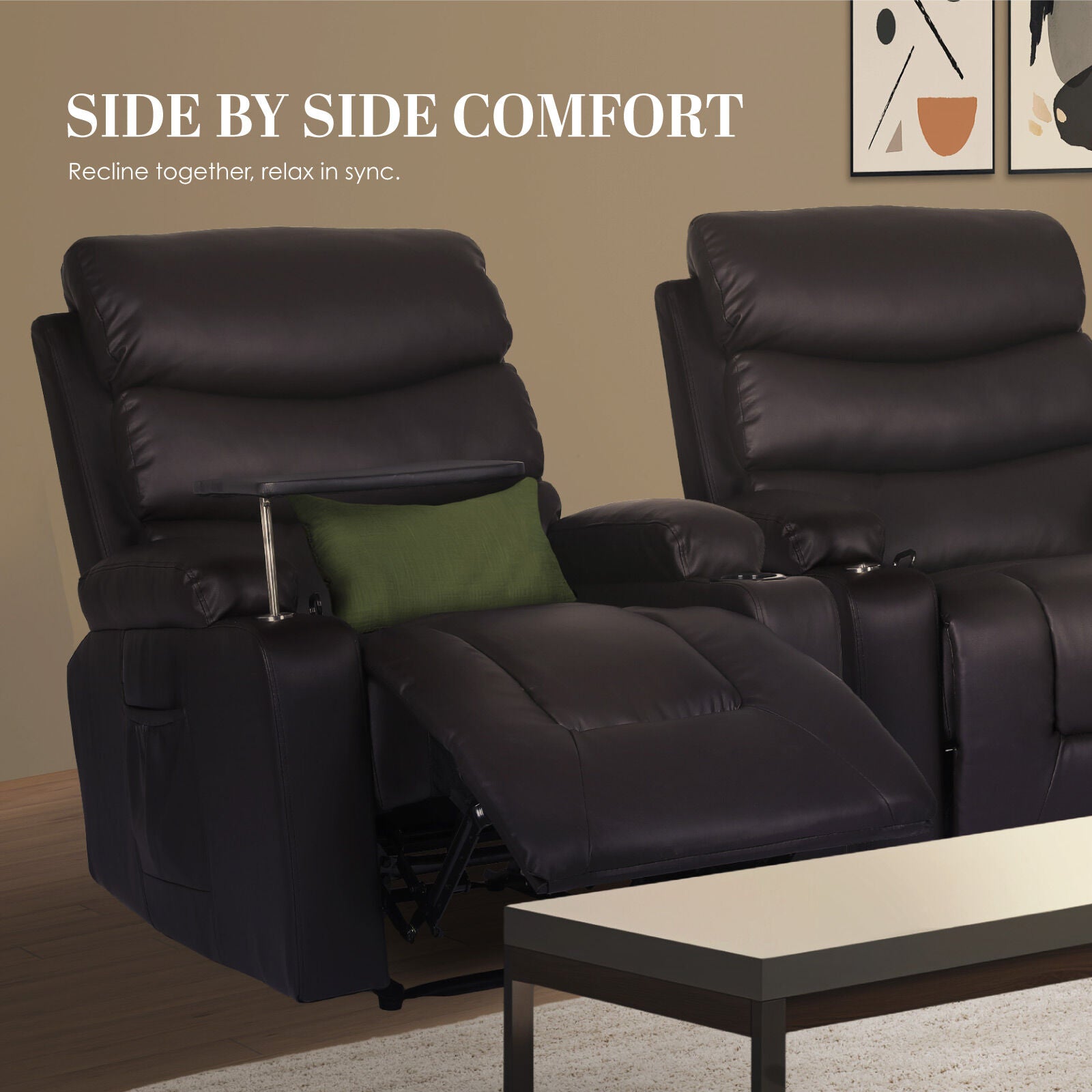 Two dark brown PU leather recliners side by side: one reclined with swivel tray and green cushion, one upright