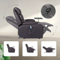 Dark brown PU recliner side view with 110° and 140° recline angles, remote in pocket, three position insets below