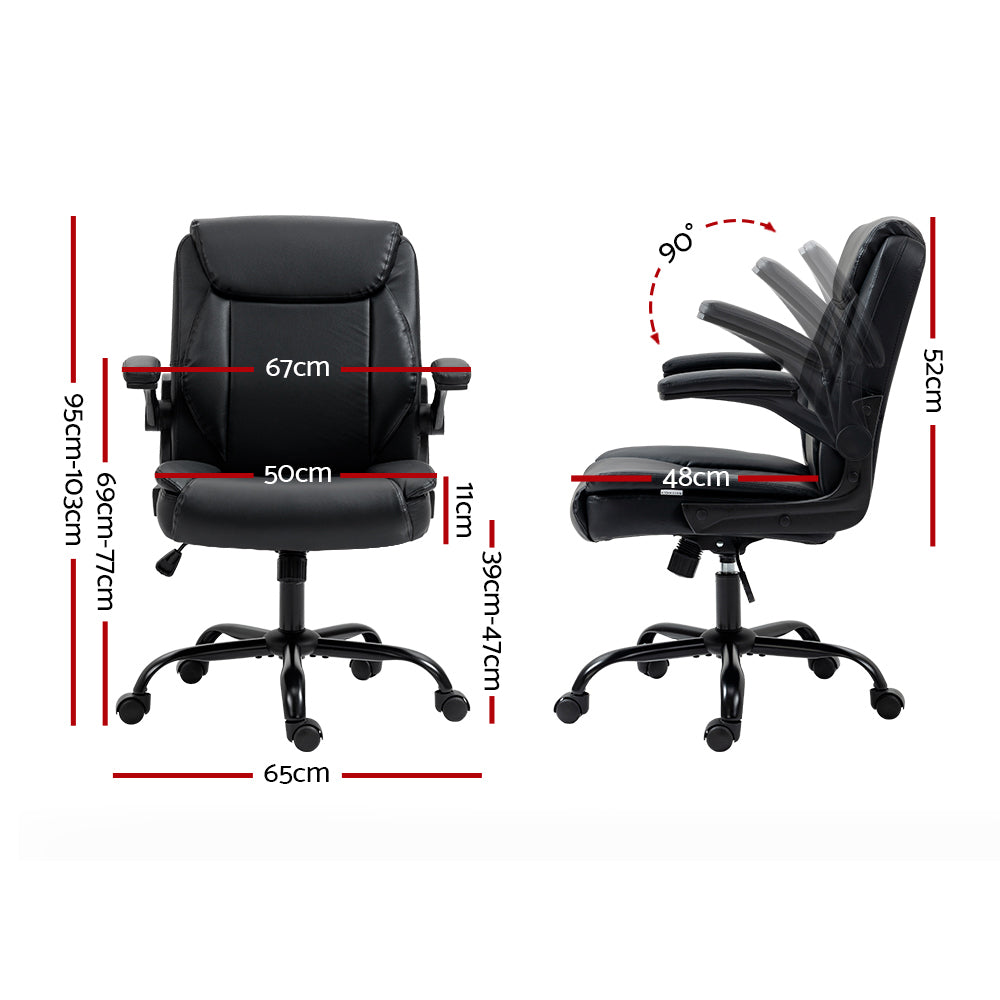 Black PU leather mid-back executive chair with flip-up armrests in down position on blue-grey background