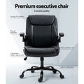 Black PU mid-back chair features infographic on grey background showing armrest, base, and adjustment details