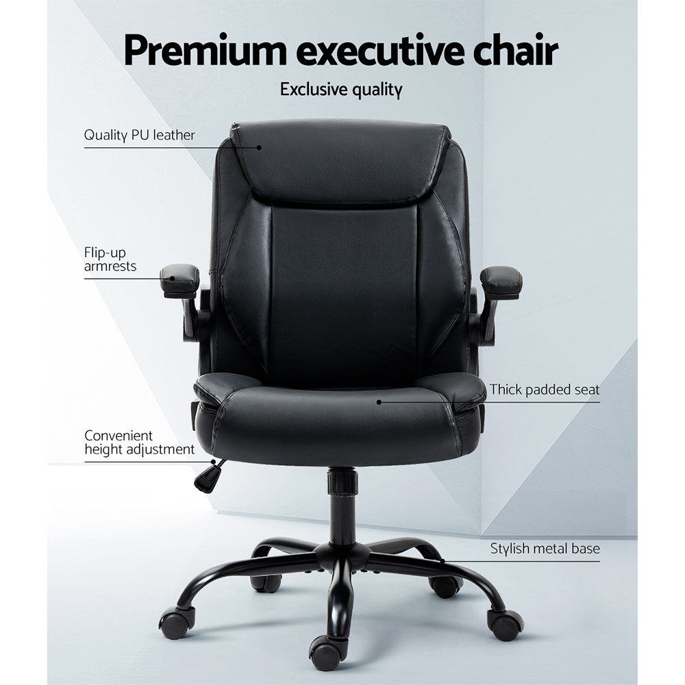Black PU mid-back chair features infographic on grey background showing armrest, base, and adjustment details