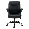 Black PU mid-back executive chair with flip-up armrests and chrome five-star base on white background