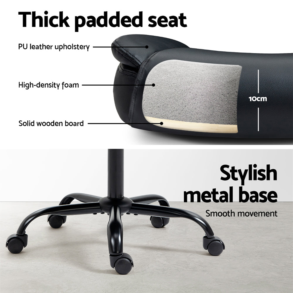 Black PU mid-back office chair with padded curved armrests and chrome five-star base on white background